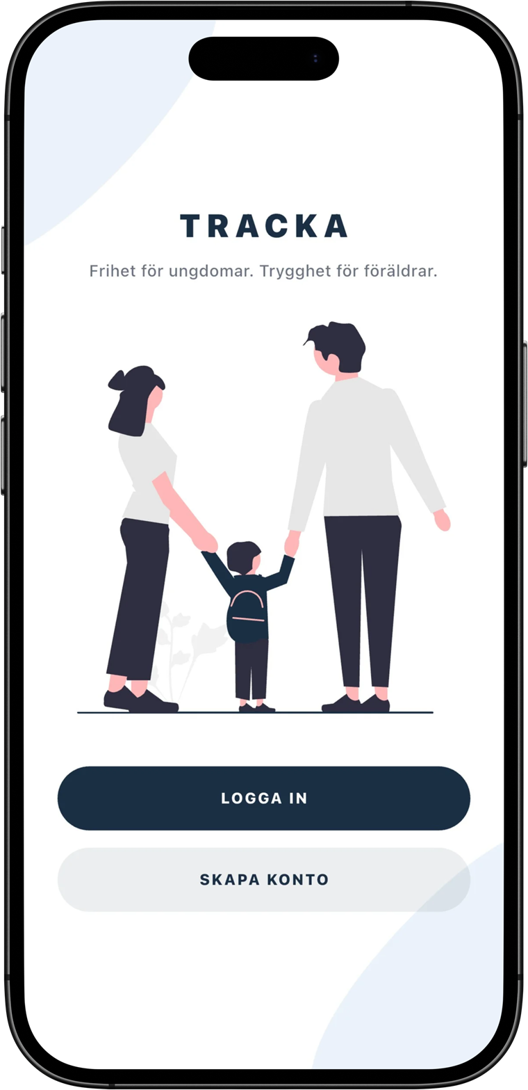 Tracka-appens startskärm med logga in och skapa konto
